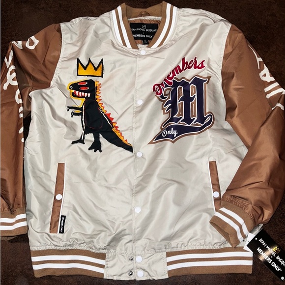 Members Only tan/brown Jean-Michel Basquiat Varsity style jacket XL NWT - Picture 1 of 7